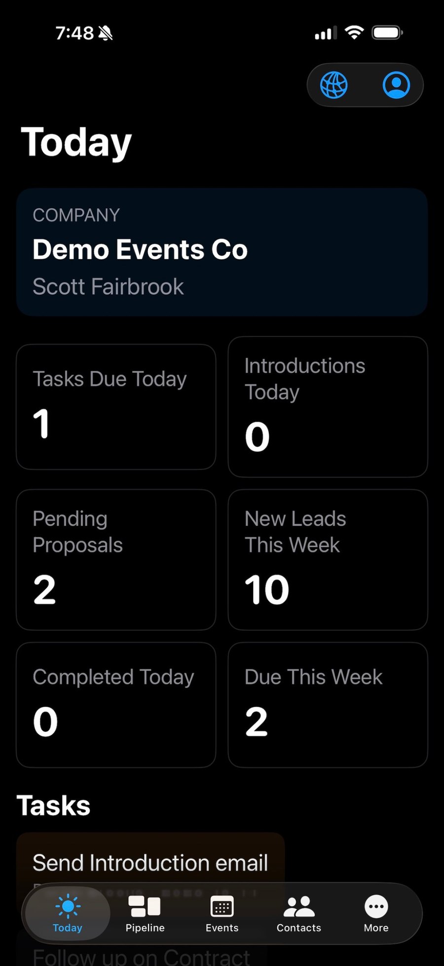 The BookingOS for Events iPhone app, showing today's stats, tasks due, and leads needing attention