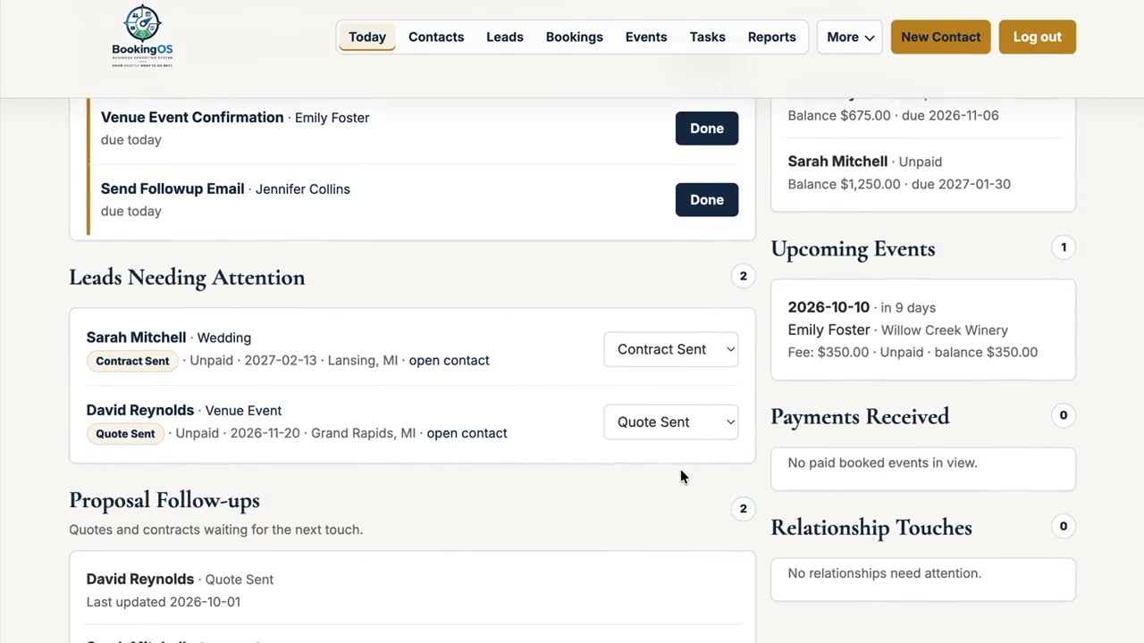 The BookingOS Today view showing leads needing attention, proposal follow-ups, and upcoming events